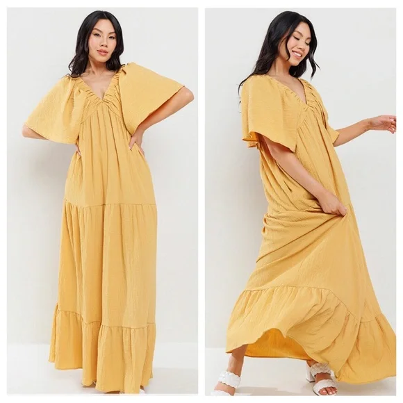 24 Boho V-Neck Flared Sleeve Tiered Maxi Dress - Picture 3 of 3